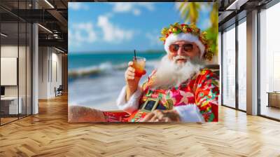 Funny Santa Claus relaxing with a drink on a tropical beach Wall mural