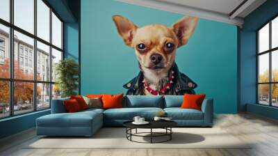 Funny tough punk chihuahua in a leather jacket, heavy metal dog on blue background Wall mural