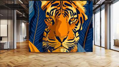 tiger hunting in the jungle behind tropical leaves, colorful wild cat artwork Wall mural