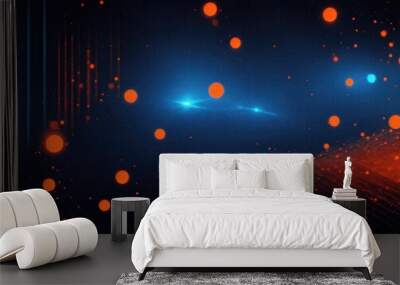 Abstract dark Orange digital background with sparkling blue light particles form into lines Wall mural