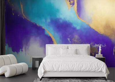 Abstract Purple, Teal Gold and Gray art. Hand drawn by dry brush of paint background texture. Oil painting style Wall mural