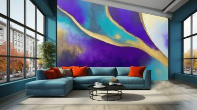 Abstract Purple, Teal Gold and Gray art. Hand drawn by dry brush of paint background texture. Oil painting style Wall mural