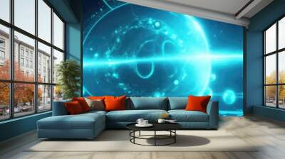 Cyan energy and particles moving with organic motion futuristic technology background Wall mural