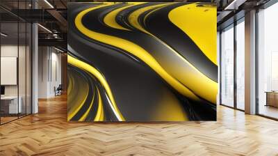 Yellow and black colors 3d rendering of abstract wavy liquid background Wall mural