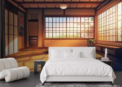 Anime style illustration of a retro style Japanese tatami room interior with comfortable anime wooden furniture Wall mural