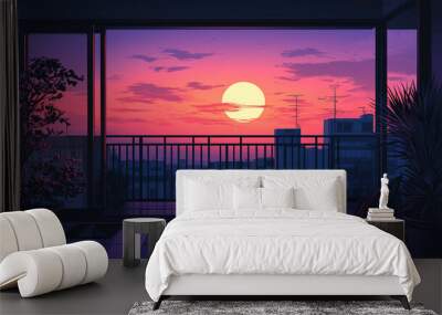 Anime style illustration on a sunset balcony Wall mural