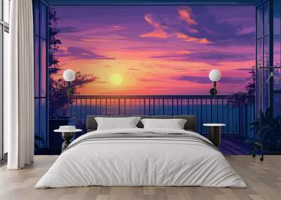 Anime style illustration on a sunset balcony Wall mural