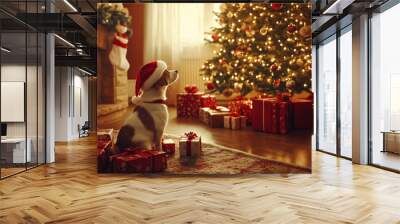 dog sitting looking at christmas decorations Wall mural