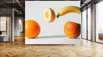 product photography of two oranges and bananas and falling apples, white background Wall mural