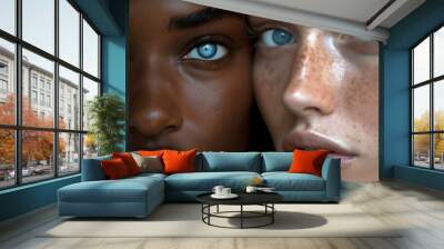 Close up of two people, one white woman with blue eyes and the other black man with brown eyes. Wall mural