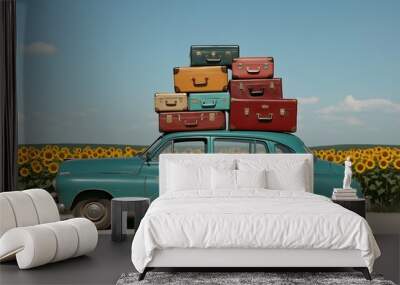 Nostalgic French road trip, vintage blue car, paint peeling, parked on a dusty road, vibrant sunflower field, retro luggage on the roof. Wall mural