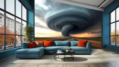 Tornado twister storm clouds over landscape destroying everything. Extreme weather pattern. Global warming.  Wall mural