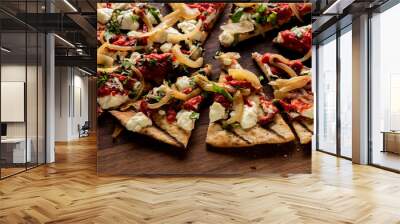 Pizza. Classic traditional Italian entrée favorite. New York Style Pizza with marinara sauce and topped with mozzarella cheese, meats and fresh vegetables. Baked in wood burning oven Wall mural