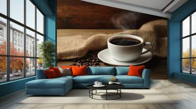 A cup of black coffee with steam rising from the top Wall mural