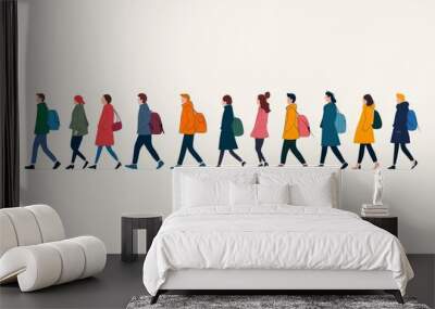 A row of people walking a simple vector illustration Wall mural