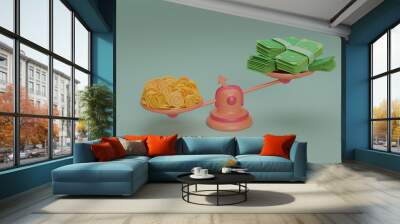 3D rendering of a balance scale with bitcoins and bills Wall mural