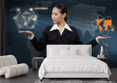 hand of business woman touching virtual screen the social networ Wall mural