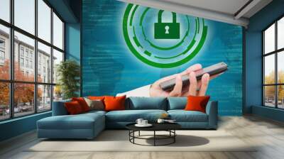 security concept of mobile network. modern mobile phone in a bu Wall mural