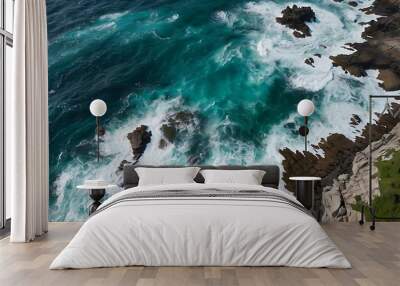 Seaside water crashing to cliffs hardly, oceanic landscape view, aquatic blue themed background Wall mural