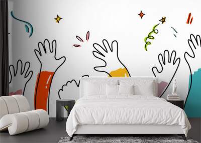 Doodle hands up, clapping ovation. applause, thumbs up gesture on hand drawn style. vector illustration Wall mural