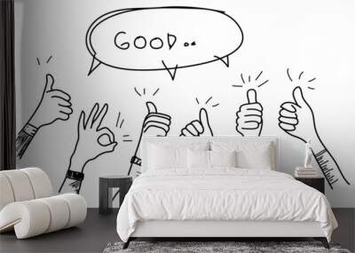 doodle hands up set. thumbs up hand drawn with speech bubble 