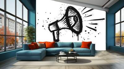 Spray painted graffiti megaphone on black over white. loudspeaker doodle illustration. isolated on white background Wall mural