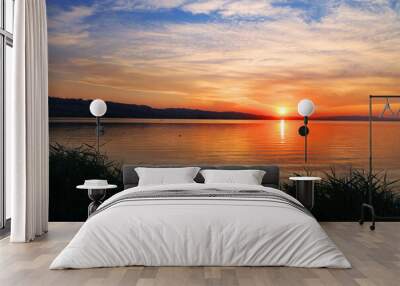 Sunset light over Sempach Lake in Switzerland, Europe Wall mural