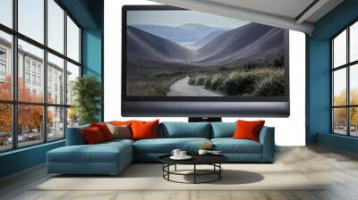 a computer monitor with a landscape on the screen. Wall mural