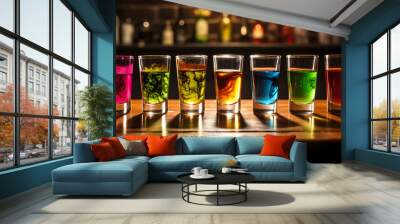 Drinking glasses on the bar table with various different colors Wall mural