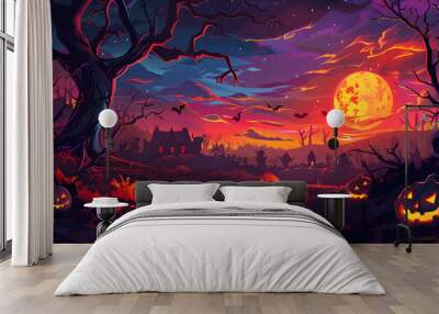 Halloween theme wallpaper haunted house horror watercolor style Wall mural