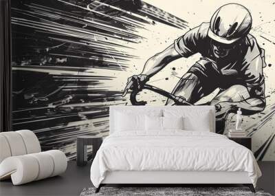 vintage black and white sketch sport bicycle racing pop art classic illustration bicycle racer wallpaper copy space Wall mural