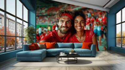 Smiling couple at a soccer match in red team t-shirts Wall mural