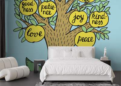 Hand lettering with bible verse The fruit of the Spirit with tree. Galatians Wall mural