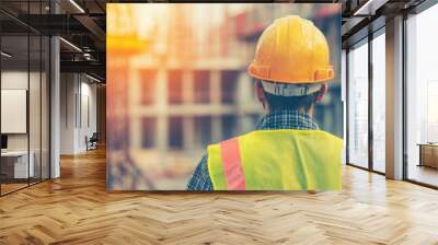 A construction worker in bright safety gear watches over the development of a building as the sun begins to set, casting an orange glow Wall mural