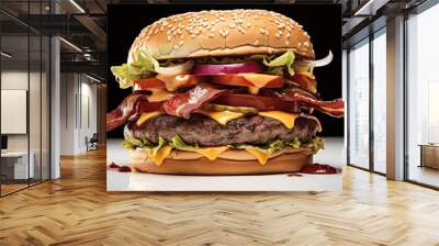 A delectable gourmet bacon cheeseburger with a sesame seed bun, fresh lettuce, tomato, and melting cheese. Wall mural