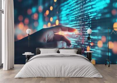 A hand is interacting with a digital graph that shows rising data trends and analytics. Wall mural