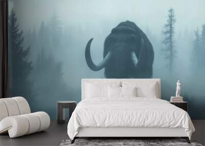 A majestic woolly mammoth walks through a mist-covered, prehistoric forest landscape, evoking a sense of ancient times and mystery. Wall mural