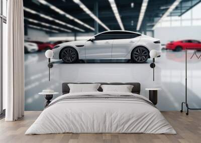 A modern white sports car positioned dominantly in a showroom, surrounded by an array of luxury vehicles. Wall mural