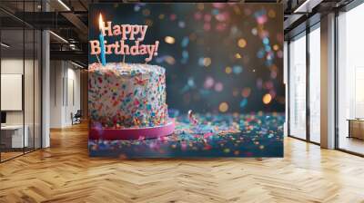 A vibrant birthday cake adorned with colorful sprinkles and a lit candle celebrates a joyous occasion. Wall mural