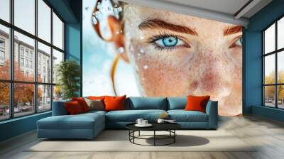 A woman with freckles and vibrant blue eyes experiences a joyful splash of water under the sun at the beach Wall mural