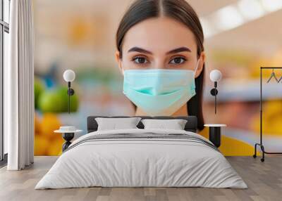 A young woman browses grocery shelves while wearing a protective face mask, focused on her shopping Wall mural