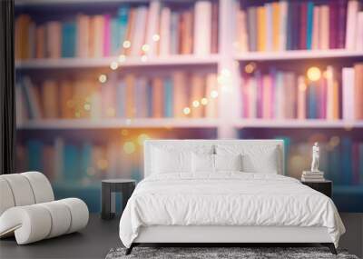 Abstract background with books on the shelves in the library with soft pastel multicolored light Wall mural