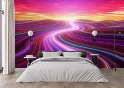 Abstract background with colorful glowing neon moving high speed line and wave and bokeh lights horizontal to vertical. Data transfer concept, reflect on the floor. Wall mural