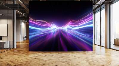 Abstract background with purple and blue glowing neon moving high speed line and wave and bokeh lights horizontal to vertical. Data transfer concept, reflect on the floor. Wall mural