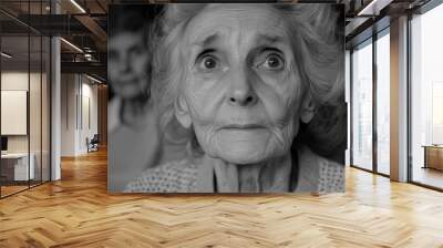 An elderly woman gazes thoughtfully, recalling her childhood as she sits quietly in a dimly lit indoor space Wall mural