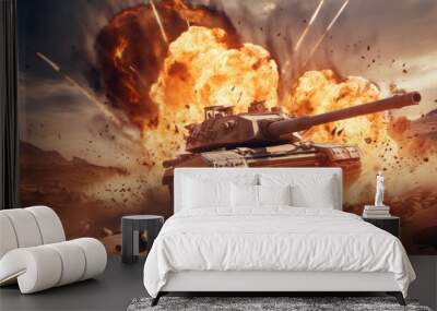 Armored tanks exploded on a mine and is on fire.  Wall mural