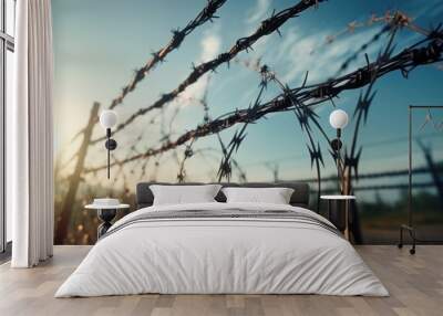 Barbed prison wire against the sun and blue sky. Wall mural