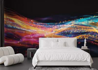 Bright neon streams of light in multiple colors flowing across a dark background, creating a sense of speed, energy, and fluidity. Wall mural