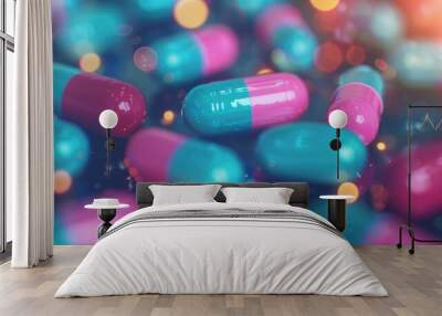 Brightly colored capsules lie scattered and illuminated dramatically, showcasing their vibrant hues against a dark background Wall mural