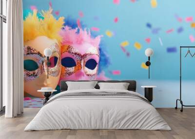 Brightly colored carnival masks sparkle with confetti, embodying the joyful atmosphere of festive celebrations Wall mural